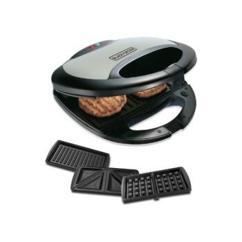 Black+Decker 750W Sandwich Maker 2 Slot Non-Stick 3in1 Interchangable Sandwich Grill And Waffle Maker, With Indicator And Ready to Cook Lights For Quick and Easy Dishes TS2090-B5